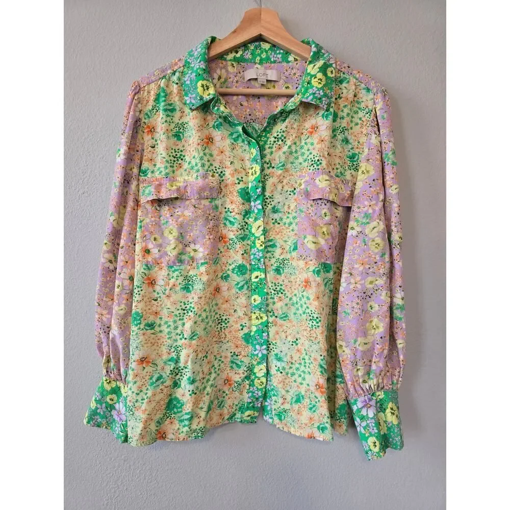LOFT Floral Patchwork Blouse XL Boho Cottagecore Button Front Top Romantic